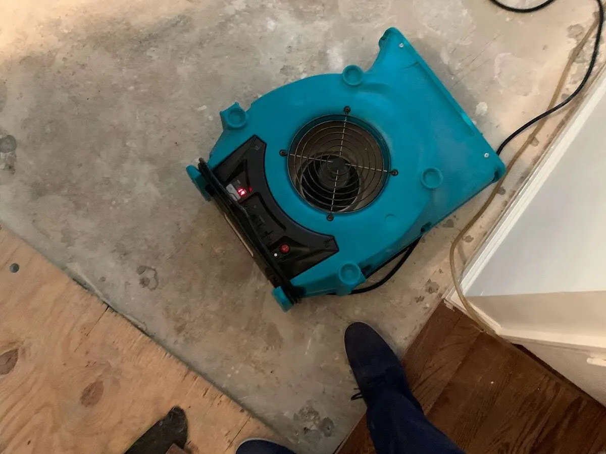 Air mover drying subfloor during Commercial Water Damage Restoration in Upper Leacock